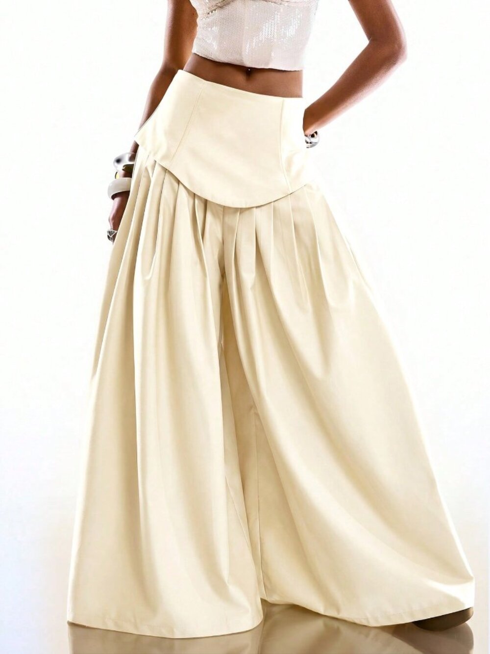Beige Casual Women's Minimalist Pleated Wide-Leg Pants - Picture 3 of 6